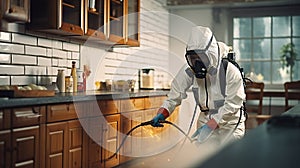 Pest control service guy in mask and white protective suit spraying poisonous gas or liquid on floors and cupboards in kitchen