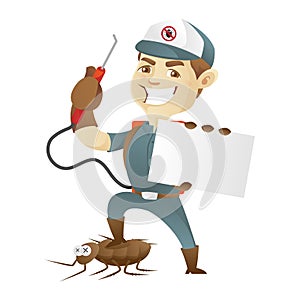 Pest control service killing cockroach and holding business card