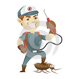 Pest control service killing cockroach and holding pest sprayer