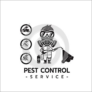 Pest Control Service logo template isolated silhouette with Equipped Man