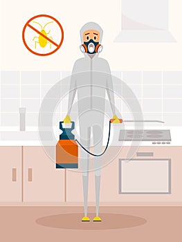 Pest control service worker in chemical protective suit. Vector cartoon character in flat style design. Extermination or