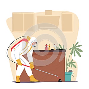 Pest Control Service Works To Eradicate Pests Such As Ants, Cockroaches, And Rodents From A Kitchen Vector Illustration photo