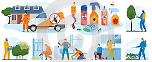 Pest control services, insects exterminator with insecticide spray and in protection cloths flat icons isolated vector