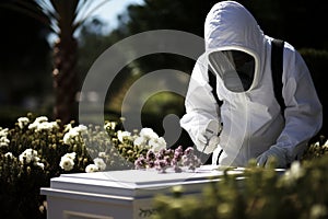 Pest control specialist in protective suit sprays potent gas to exterminate pests effectively photo