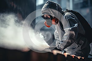 Pest control technician in mask and protective suit spraying lethal gas to exterminate pests photo