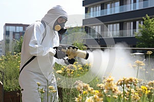 Pest control technician in mask and suit effectively sprays potent gas to exterminate pests