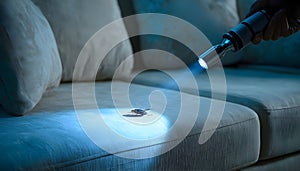 Pest control worker examines a home sofa for cockroaches and other pests using a flashlight. This inspection aims for