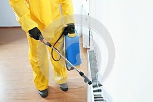 Pest control worker in protective suit spraying pesticide, closeup. Space for text