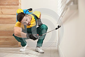 Pest control worker spraying insecticide on window sill