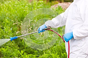 Pest control worker spraying insecticides or pesticides outdoors. Ragweed hay fever chemical treatment.