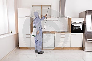 Pest Control Worker Spraying Pesticide On Shelf photo