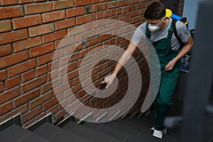 Pest control worker spraying pesticide on stairs. Space for text