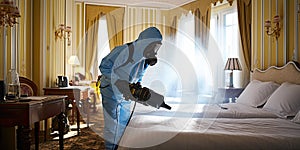 Pest controller works in a French hotel bedroom exterminating bedbugs