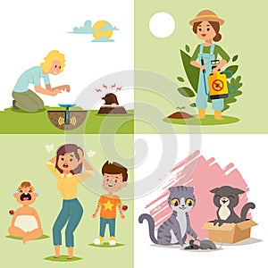 Pest in garden, insect flat vector illustration. Character woman with poison, children cry, cat get mouse, female repel photo