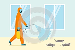 Pest home control. Rodents extermination. People in uniform spray pesticide against rats. Professional mouse poison