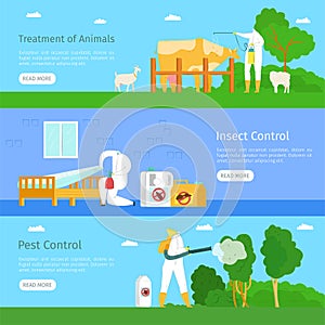 Pest, insect control and animal treatment, web banner set, vector illustration. Man worker character spray pesticide in