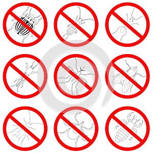 Pest and insect control, icons set. Tick and cricket, bug and ant, fly and cockroach, colorado beetle and mosquito