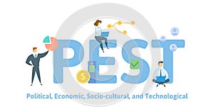 PEST, Political Economic Socio-cultural Technological. Concept with people, letters and icons. Flat vector illustration