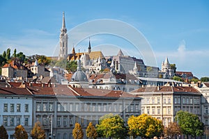 Pest Skyline with Matthias Church and Fishermans Bastion - Budapest, Hungary