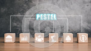 PESTEL analysis concept, political, economic, socio-cultural, technological, environmental and legal, Wooden block on desk with