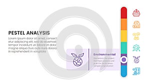 pestel business analysis tool framework infographic with vertical bar slide 6 point stages concept for slide presentation vector