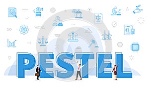 pestel concept with big words and people surrounded by related icon with blue color style