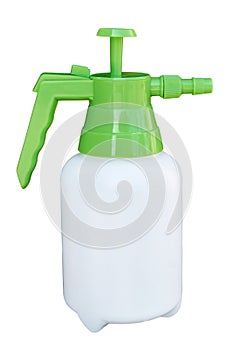 Pesticide or herbicide small manual sprayer for working in the vegetable garden isolated on a white background