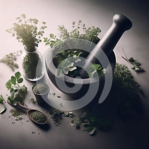 Pestle and mortar filled with fresh herbs, with an array of herbs and spices surrounding