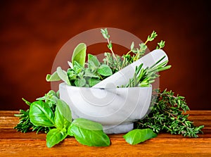 Pestle and Mortar with Green Basil, Mint and Rosemary