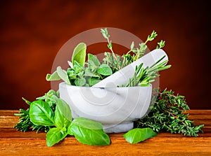 Pestle and Mortar with Green Basil, Mint and Rosemary photo