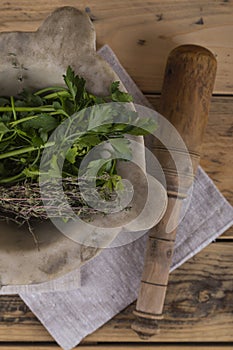 Pestle and mortar and herbs