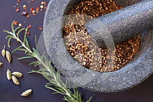 Pestle and mortar with herbs and spices photo