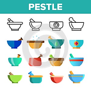 Pestles With Mortars Vector Color Icons Set