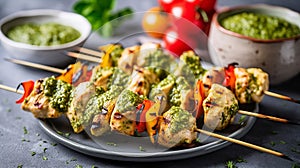 Pesto chicken skewers with grilled chicken marinated in green basil pesto