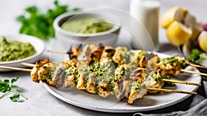 Pesto chicken skewers with grilled chicken marinated in green basil pesto