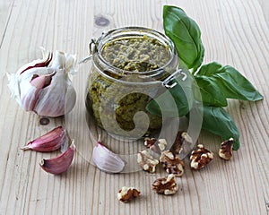Pesto with garlic, walnuts and basil