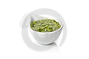 Pesto Genovese in a gravy boat