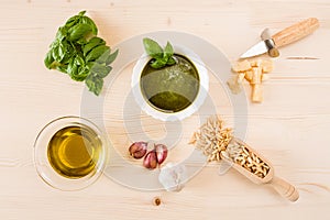 Pesto genovese sauce with its ingredients