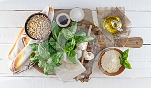Pesto Ingredients on White Rustic Board
