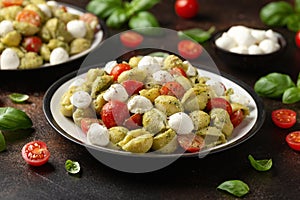Pesto Pasta Salad with Cherry Tomatoes and Mozzarella cheese. Healthy food.