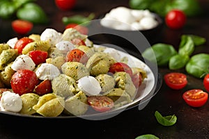 Pesto Pasta Salad with Cherry Tomatoes and Mozzarella cheese. Healthy food.
