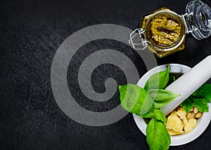 Pesto with Pestle and Mortar on Copy Space