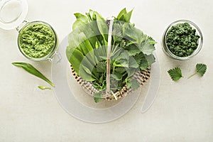 Pesto with ramson wild garlic and nettle leaves