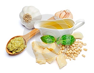 Pesto Sauce ingredients recipe with Basil on White Background Studio shot