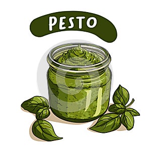 Pesto vector illustration. Pesto in glass jar with basil leaves