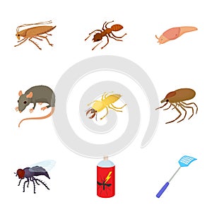 Pests of homes icons set, cartoon style
