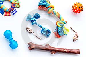 Pet accessories for care and training. Toys on white background top view