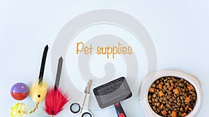 Pet accessories, food, toy. Top view