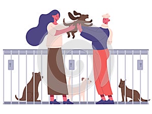 Pet adoption. People adopting dog from pet shelter, happy new owners hugging puppy. Animal adoption isolated vector photo