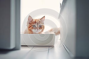 Pet adoption, small red kitten sitting in a cat litter toilet box, sunny near window. Generative AI